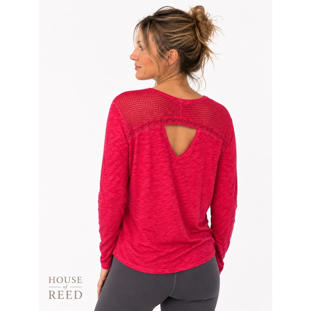 Tribal Jeans Pink Cotton V-Neck Long Sleeve Top Crochet Mesh Back Cutout XL